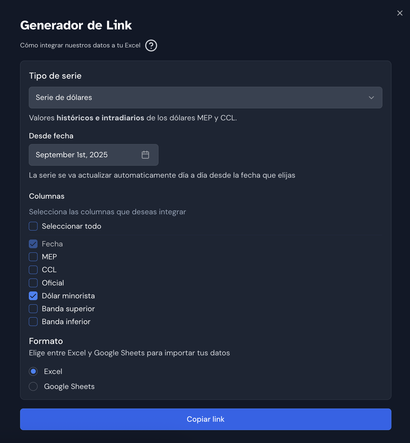 Nueva serie histórica del dólar minorista
